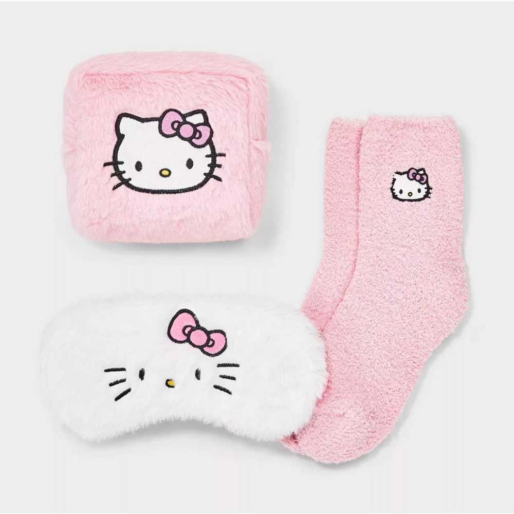 Hello Kitty Faux Fur Cozy Gift Set 3pc Socks Eye Mask Reusable Pouch Pink White